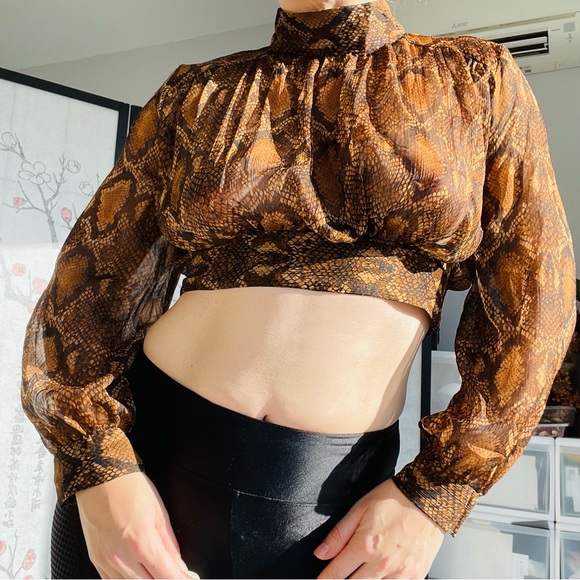 Zara Python Gold Dramatic Balloon Sleeves Sheer Crop Top - Picture 3 of 16